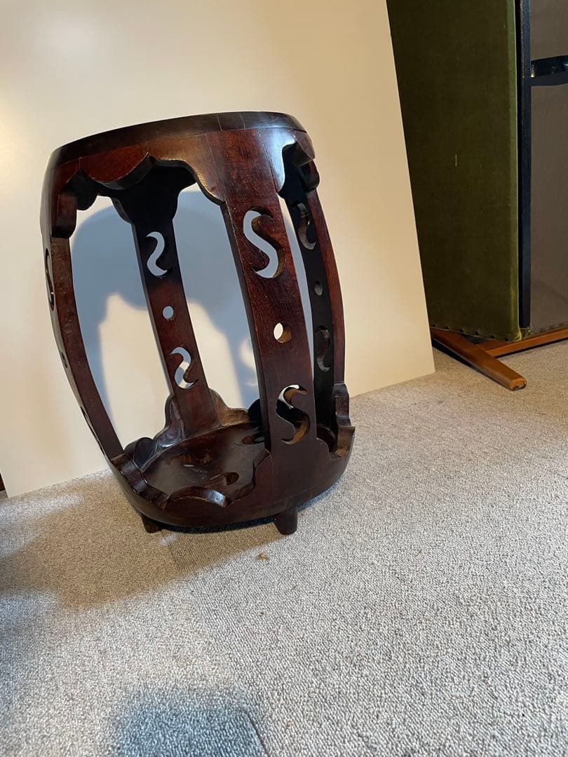 中華風 花台 飾り台 スツール 木製 透かし彫り アンティーク調