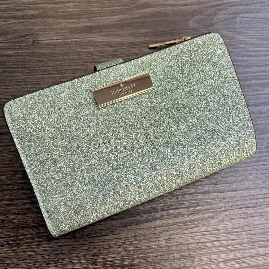 ケイトスペード ニューヨーク グリッター 二つ折り財布 キラキラ グリーン 箱付