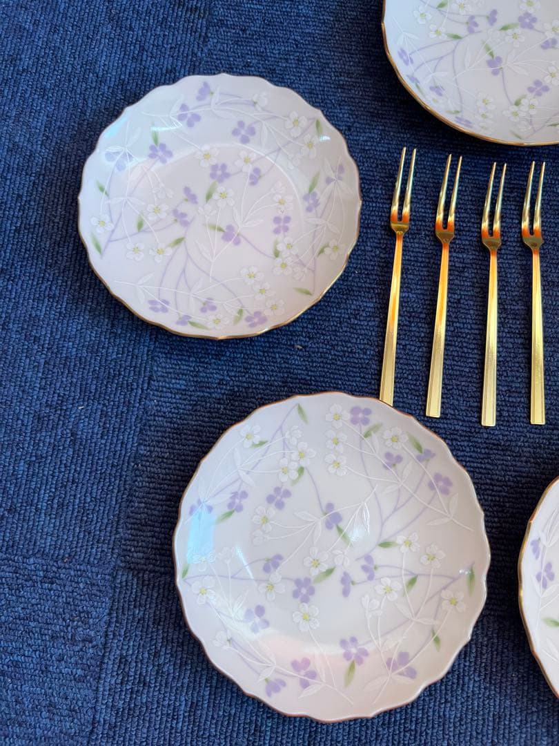 1459 有田焼　庫山窯　花便り　皿5客　フォーク5客　未使用