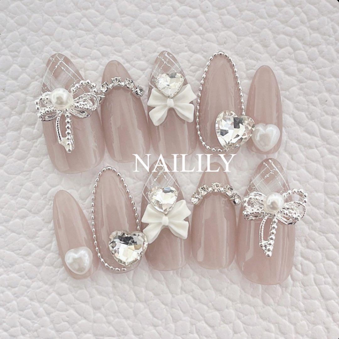 ネイルチップ チェック リボン ガーリー 韓国 量産型 地雷系