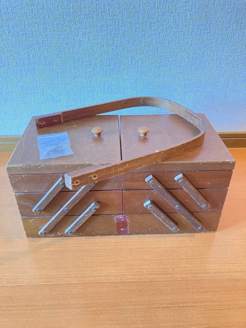 アンティーク レトロ 三段 木製ソーイングボックス 裁縫箱