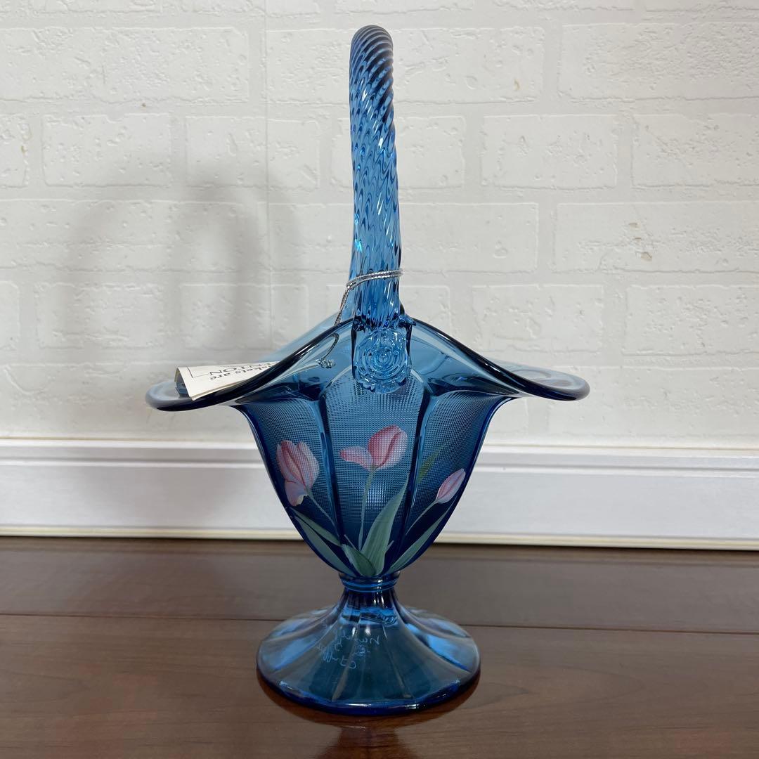 フェントン　ハンドペイント　ブルー チューリップ ガラス バスケット