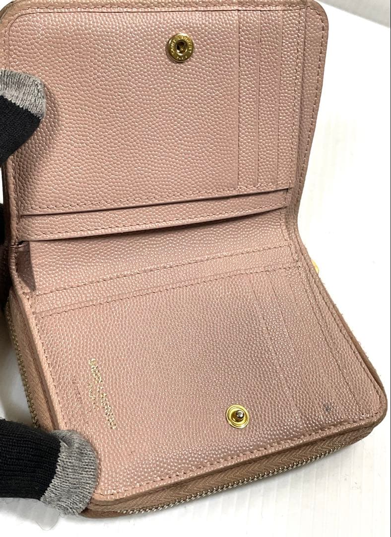 サンローラン　二つ折り財布　カサンドラ　キャビアスキン　ピンク