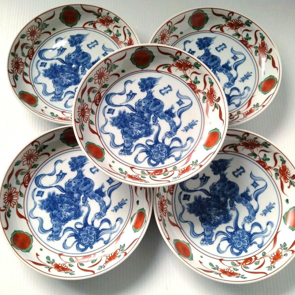 たち吉 橘吉 赤絵 草花丸紋 染付 獅子 古伊万里 中皿 和食器 深皿 5客揃