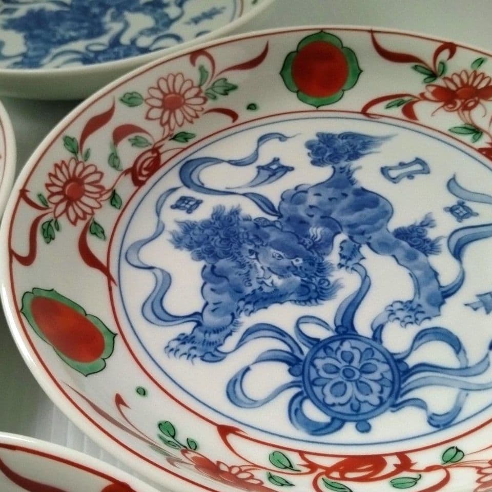 たち吉 橘吉 赤絵 草花丸紋 染付 獅子 古伊万里 中皿 和食器 深皿 5客揃