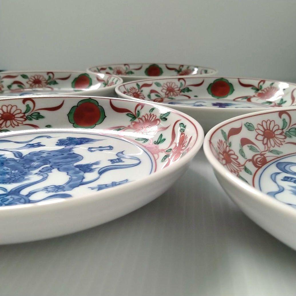 たち吉 橘吉 赤絵 草花丸紋 染付 獅子 古伊万里 中皿 和食器 深皿 5客揃