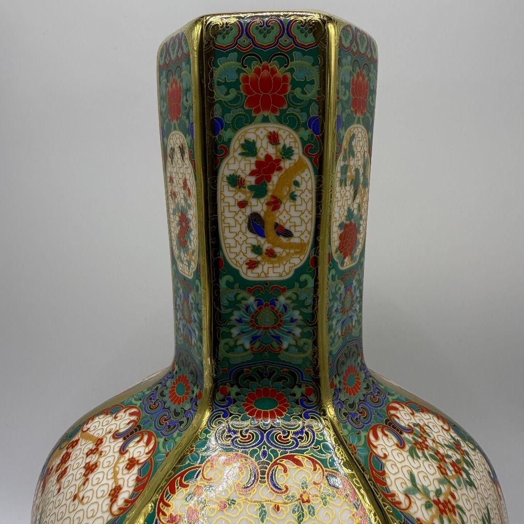 R106 彩色蒔金緑釉花鳥五稜梅瓶 花瓶（かびん）陶磁器 アンティーク