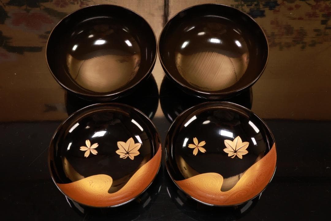 BJ111　時代輪島塗　流水紅葉桜図蒔絵　吸物椀　二客　木製　茶道具 懐石 会席