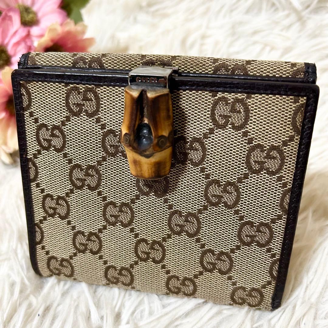 【希少】GUCCI グッチ GG バンブー 2つ折り 財布 キャンバス ブラウン