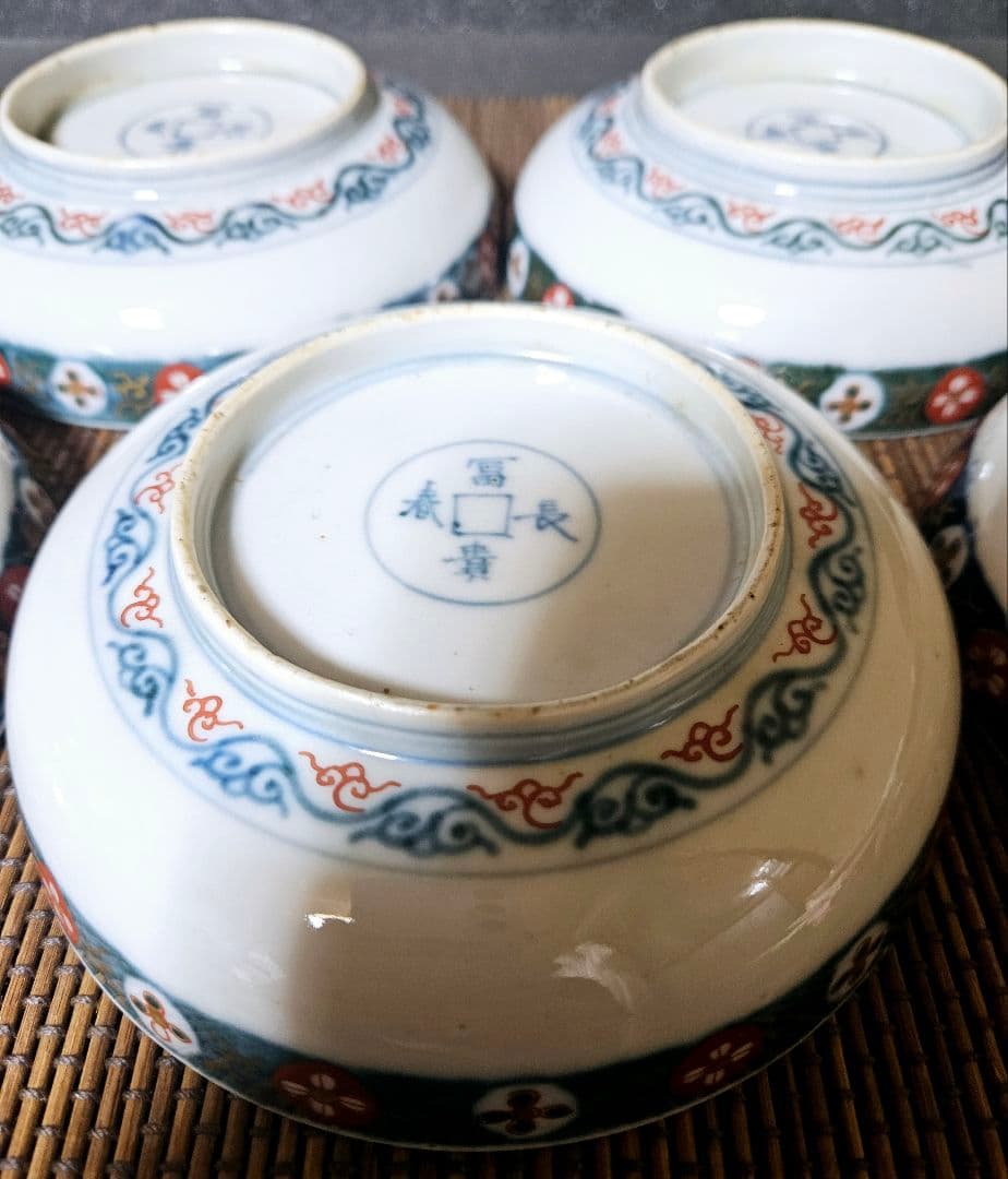 江戸時代末期　献上古伊万里様式　錦手　鳳凰に桐葉文　15.5cm   深皿　5客