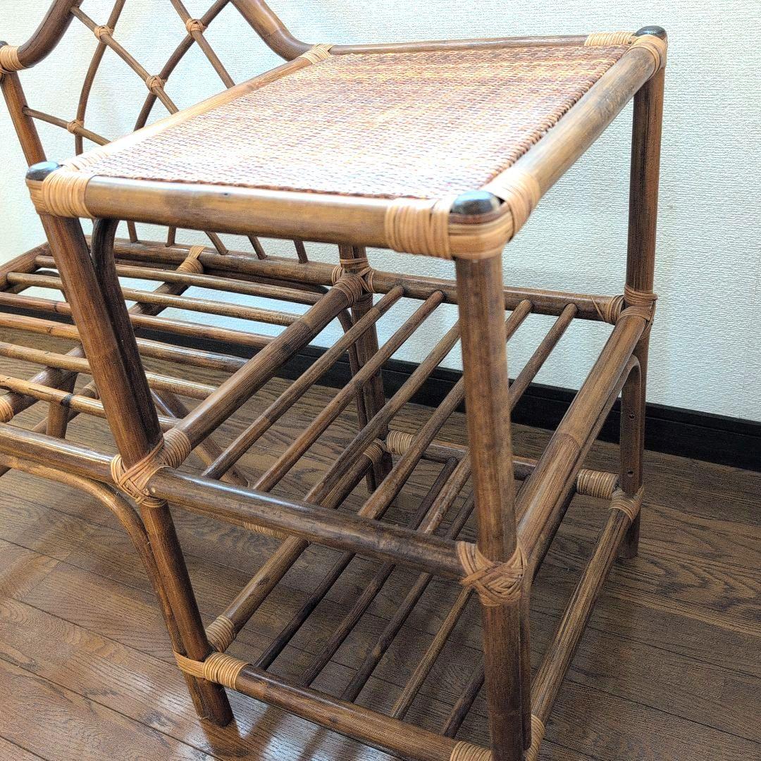 アンティーク　ラタン アームチェア サイドテーブル付き　テレフォンベンチ