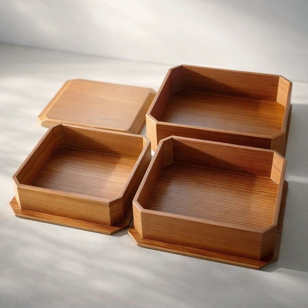 廃盤 隅切三段重 白木 秋田杉 菓子器 茶道具 中国茶 弁当箱 重箱