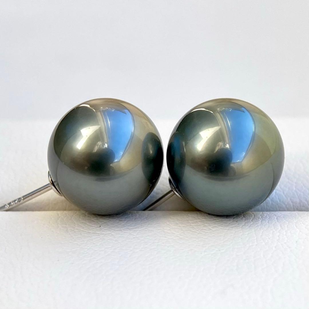 本真珠南洋黒蝶真珠グリーン11.45㍉大玉s925直結ピアスBL934