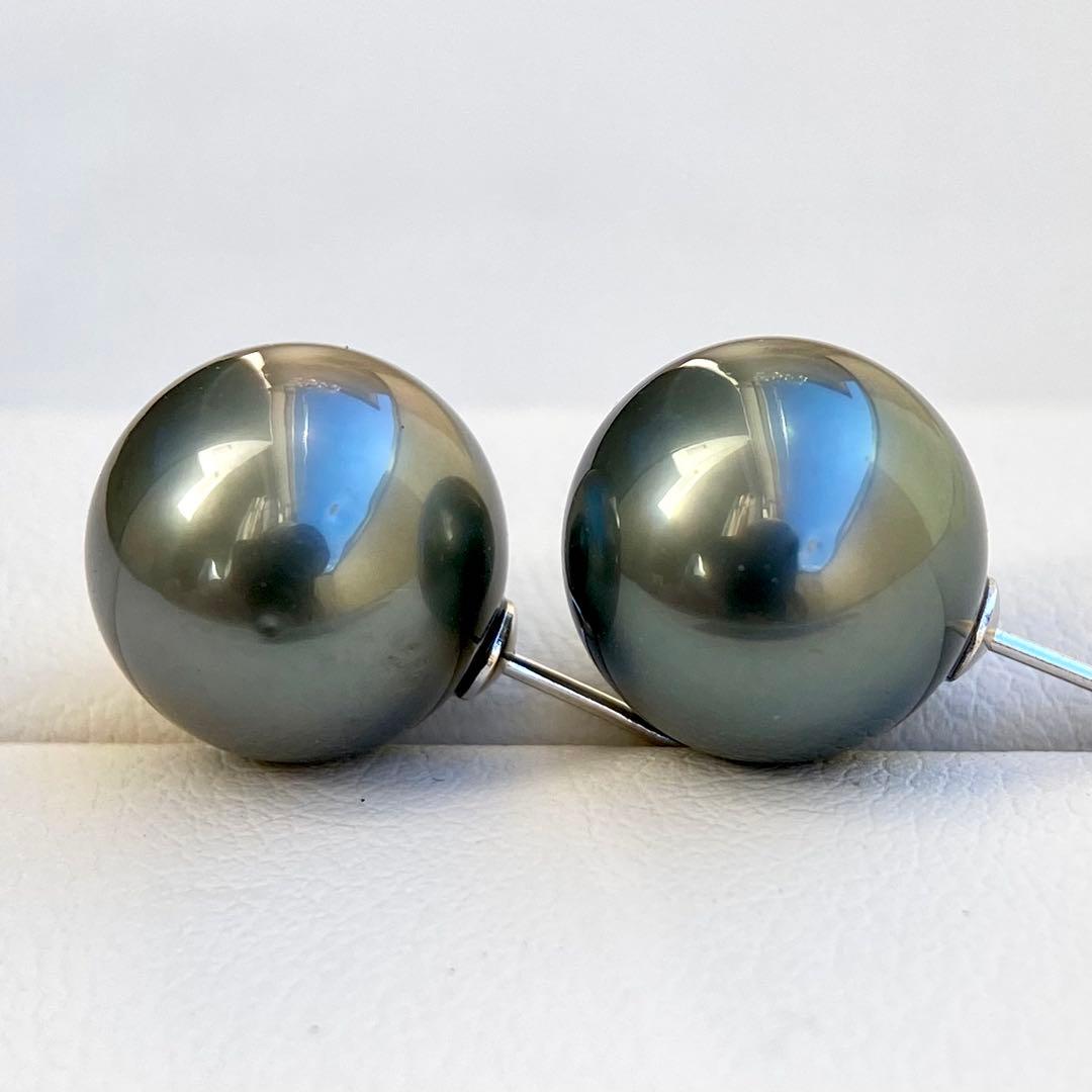 本真珠南洋黒蝶真珠グリーン11.45㍉大玉s925直結ピアスBL934