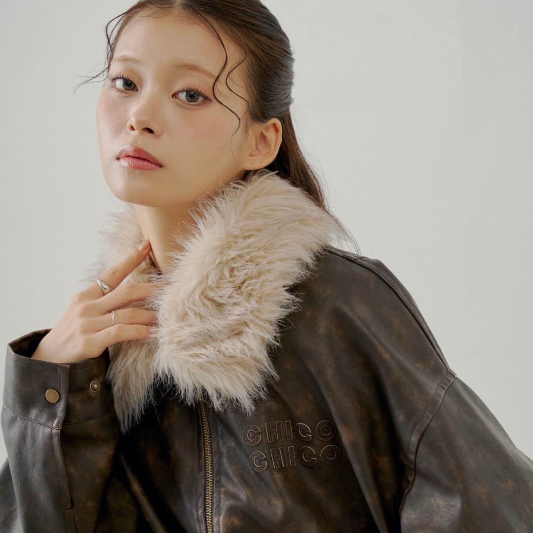 Chico チコ フェイクレザールーズジップブルゾン ブラウン M