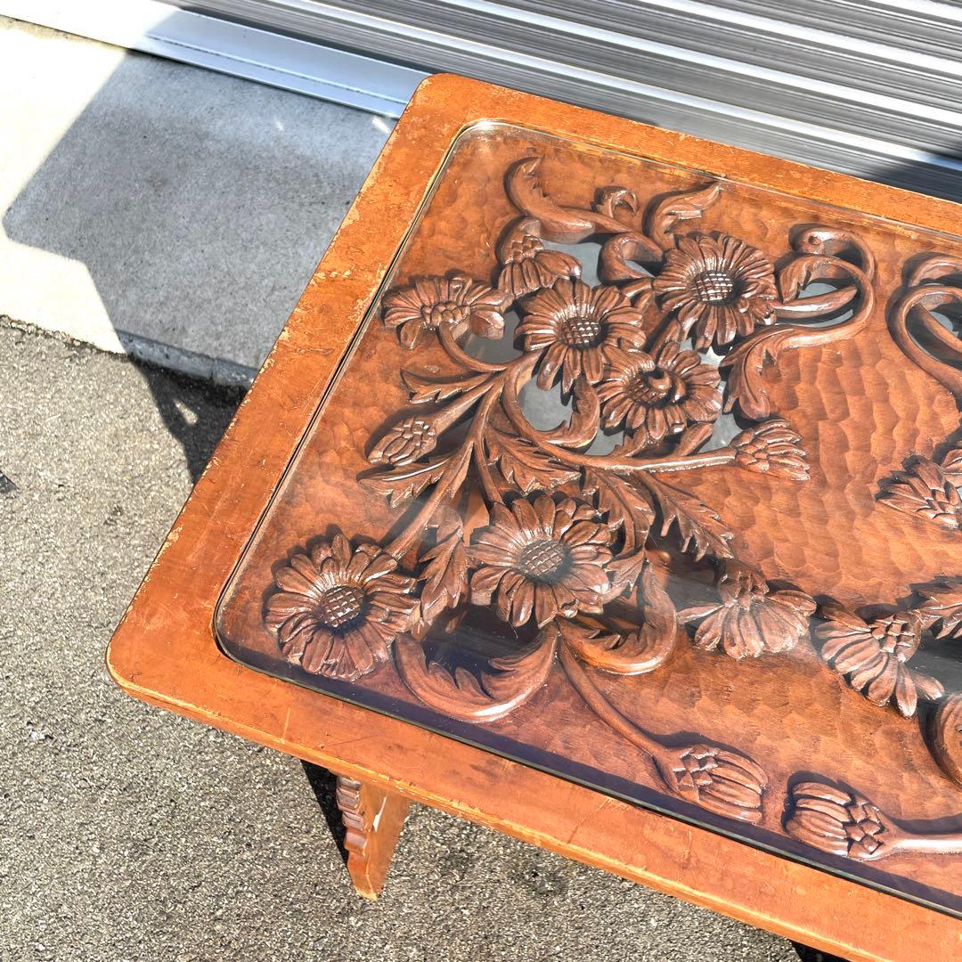 アジアンスタイル 木製彫刻テーブル ガラス天板付き