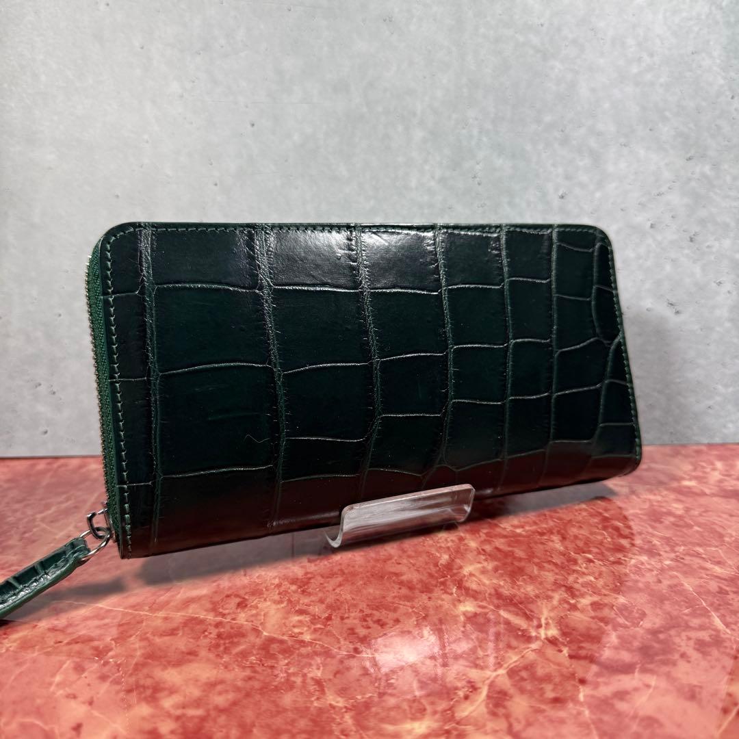新品 クロコダイル 長財布 ダークグリーン 本革 ワニ革 シルバーファスナー