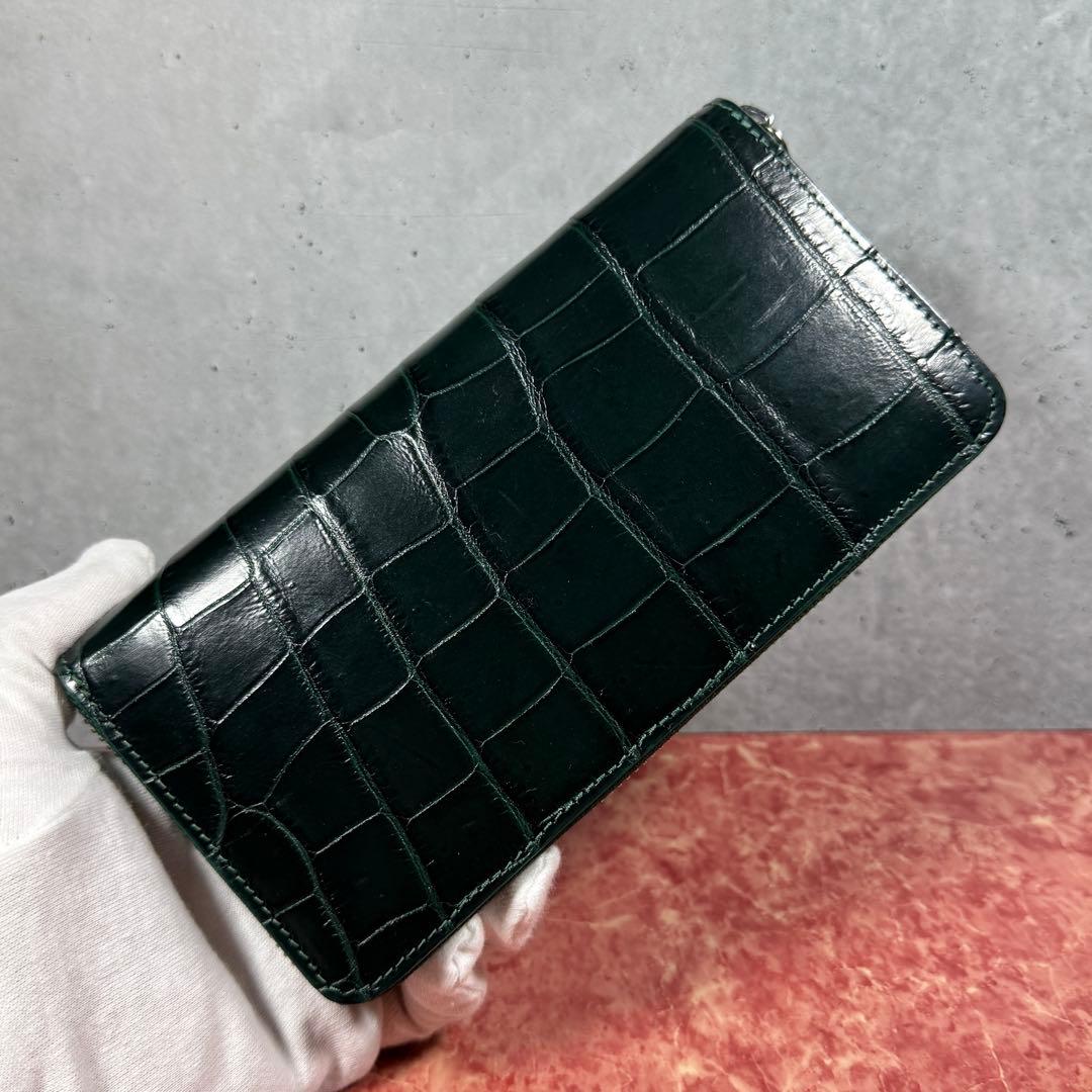 新品 クロコダイル 長財布 ダークグリーン 本革 ワニ革 シルバーファスナー