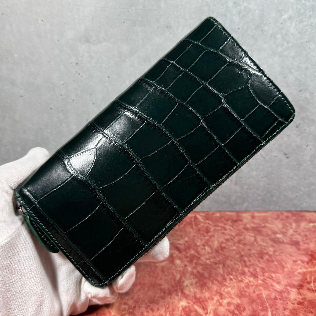 新品 クロコダイル 長財布 ダークグリーン 本革 ワニ革 シルバーファスナー