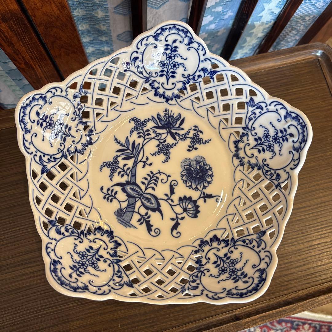 ブルーオニオン コンポート 脚付き 透かし Zwiebelmuster チェコ