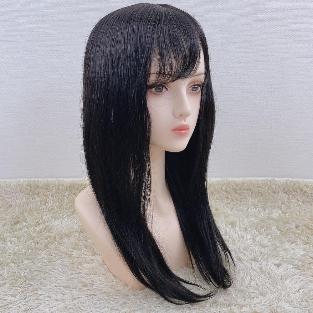 人毛100% フルウィッグ 医療用 ロング ストレート ブラック 黒髪 手縫い