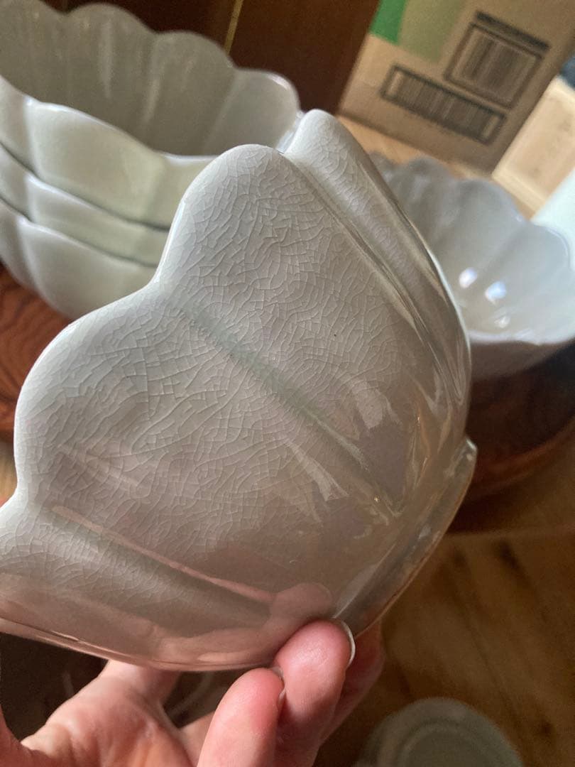 アンティーク　輪花鉢5客組セット　菊型　青磁　お茶道具？向付け鉢？煮物鉢？