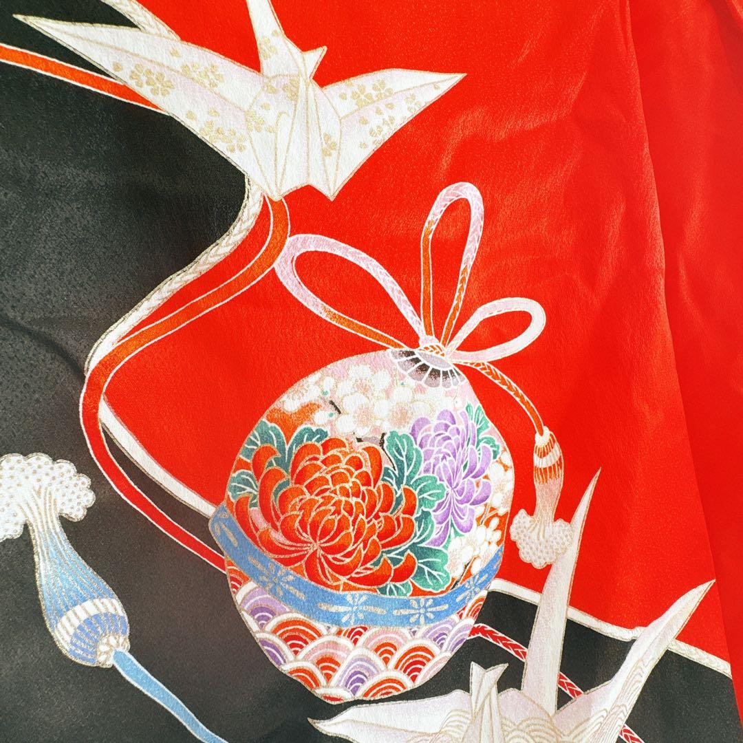 フルセット　七五三　７歳女の子　個性的　赤地　流水毬折鶴　金地袋帯　7094