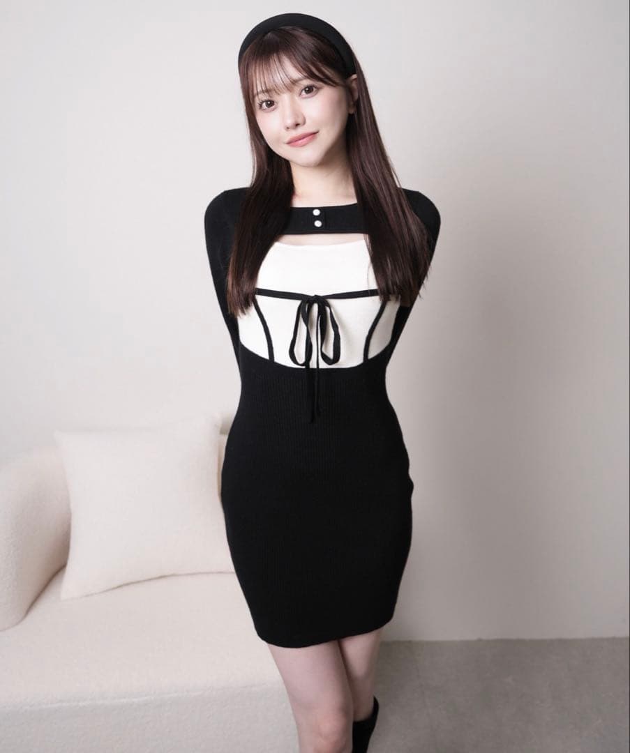 LIP SERVICE オープンバイカラーリボンニットワンピース S ブラック