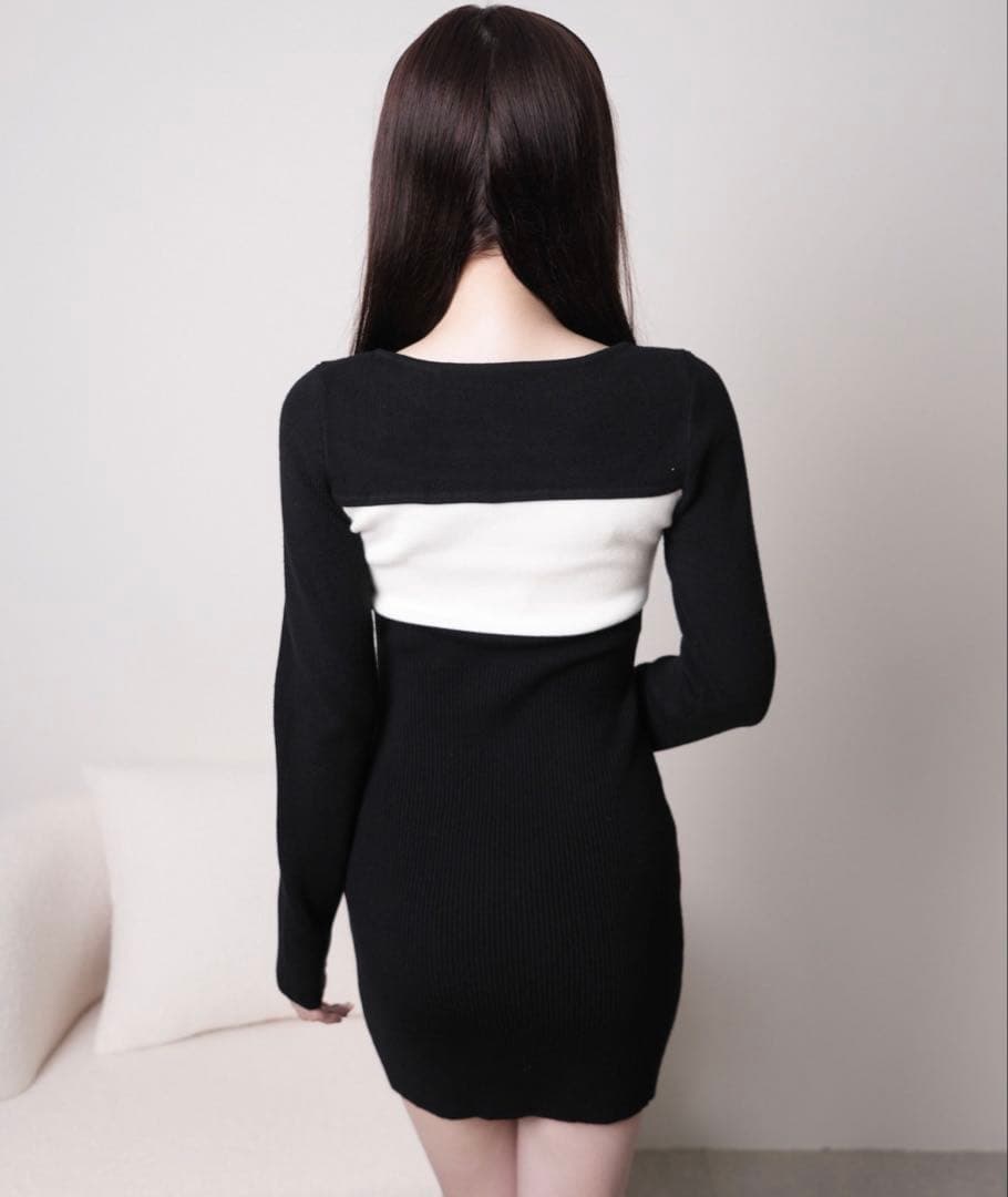LIP SERVICE オープンバイカラーリボンニットワンピース S ブラック