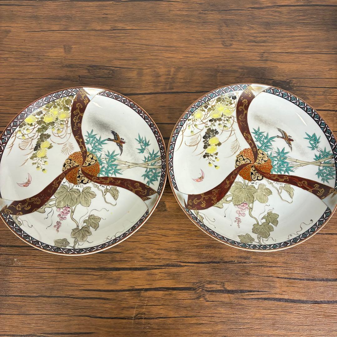 【希少】九谷焼 大正九谷 金彩　小紋　三方割　花鳥図皿 松竹梅色絵皿 中皿
