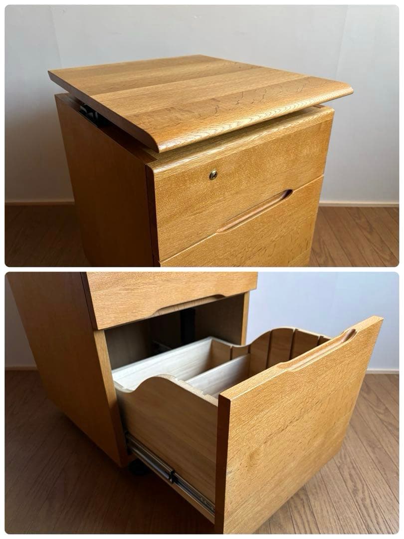 飛騨産業 キャスター付き デスクワゴン ② オーク材 天板昇降式 収納 テーブル