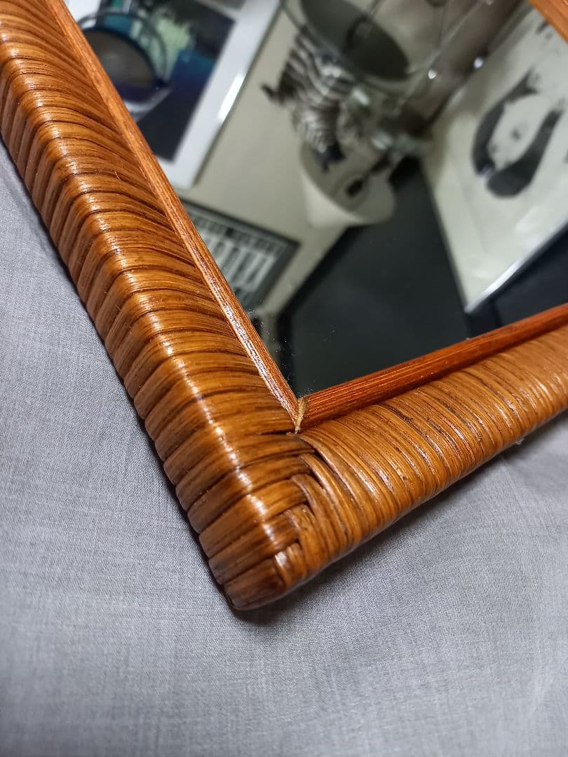 希少　1970's　フレンチ　クラシック　ラタン　フレーム　ウッド　ミラー