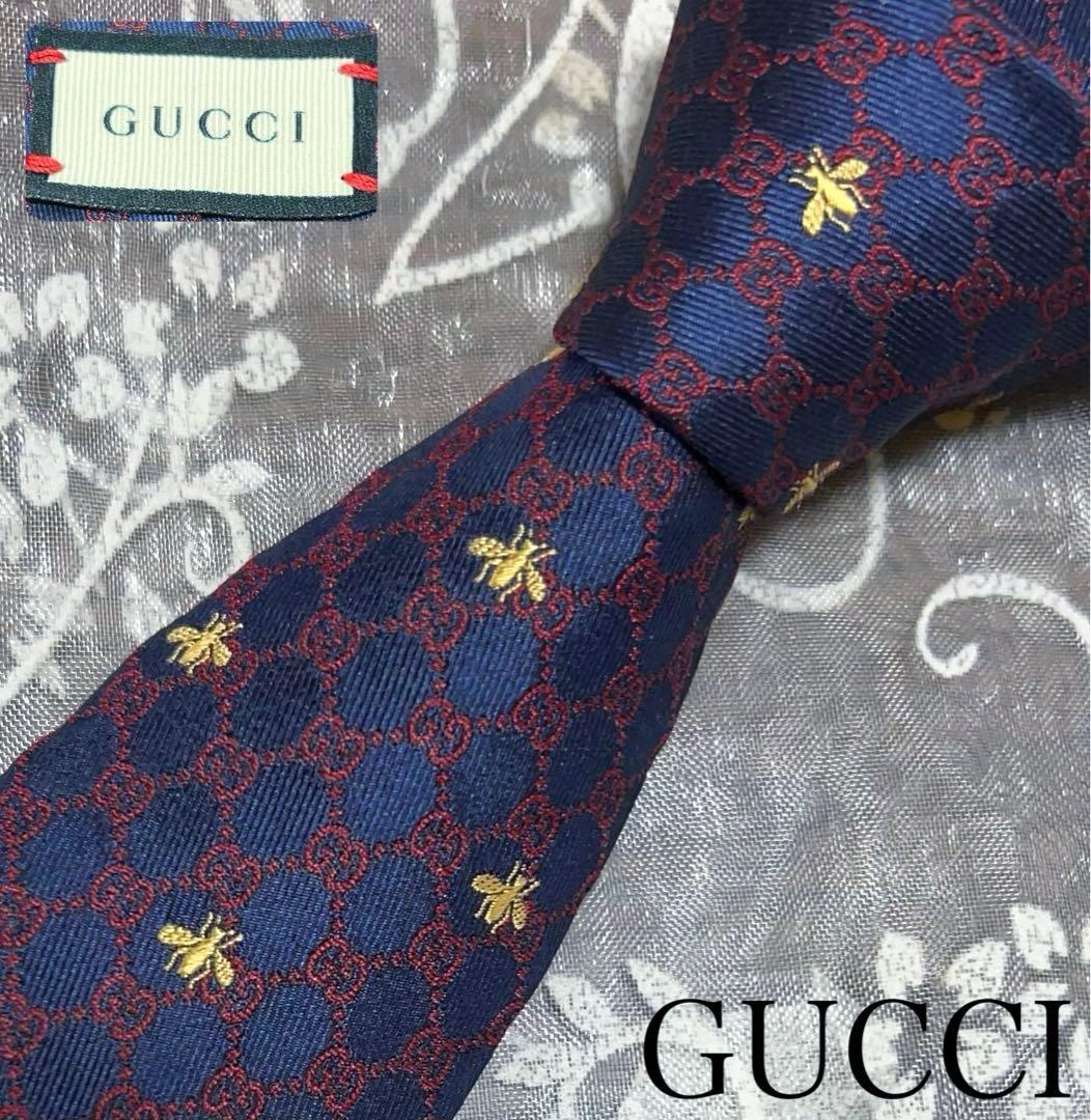極美品 GUCCI ネクタイ GG柄 ビー総柄 ジャガード