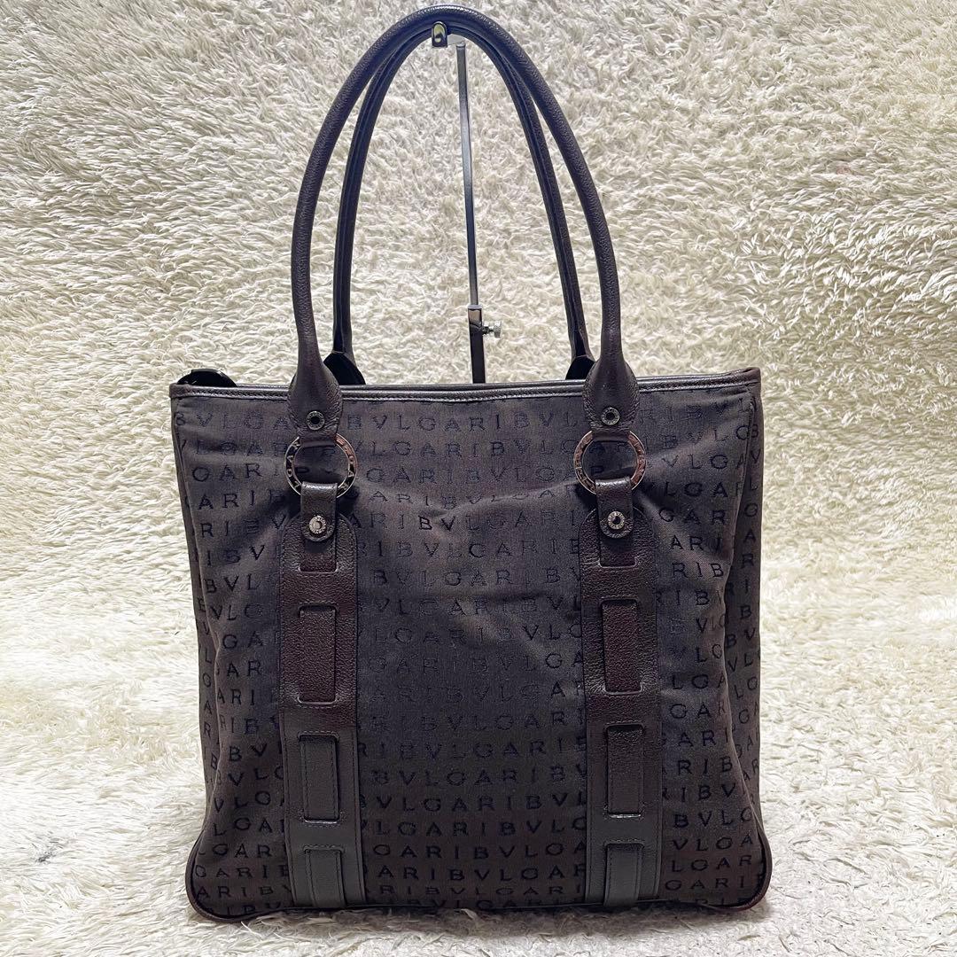 【A4可】BVLGARI トートバッグ　レザー　キャンバス　ロゴマニア　ロゴ金具