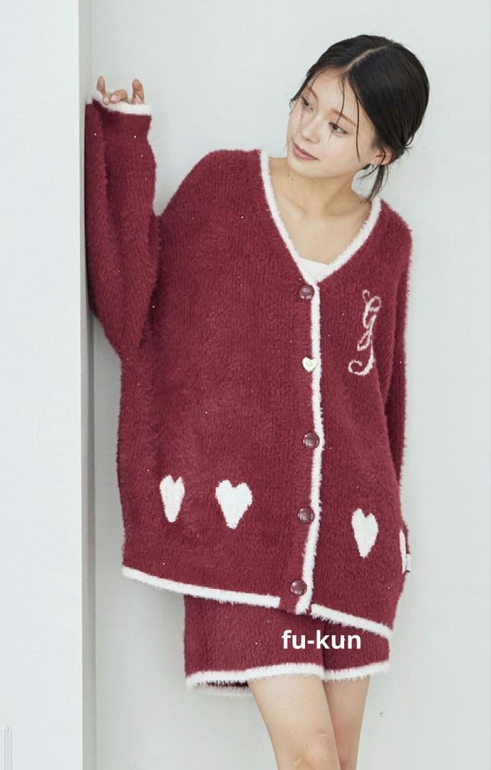 【新品・限定】ジェラピケ ラメフェザーカーディガン&ショートパンツセット レッド