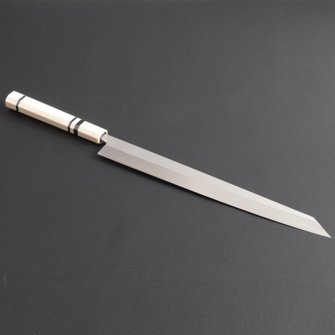 9837 切付柳刃包丁 尺一 刃は究極の切れ味 刺身包丁 人工象牙黒三本巻八角柄