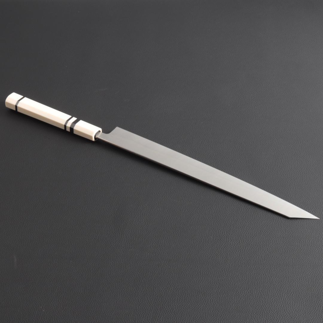 9837 切付柳刃包丁 尺一 刃は究極の切れ味 刺身包丁 人工象牙黒三本巻八角柄