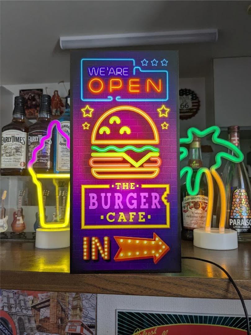 【Lサイズ】ハンバーガー カフェ オープン 照明 看板 置物 雑貨 ライトBOX