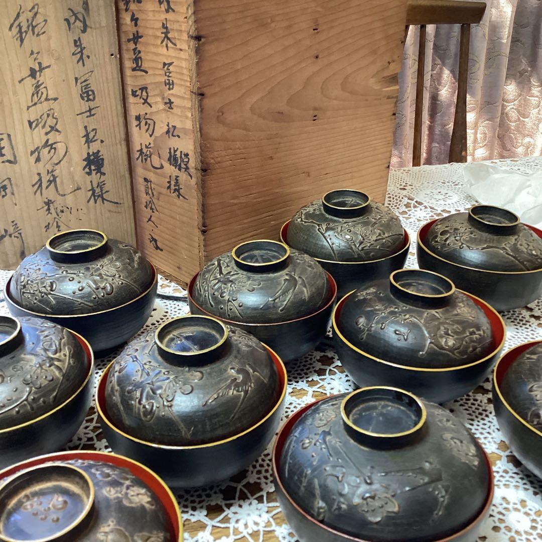 k2f1 銘々蓋吸物椀10客　漆器 富士山デザイン