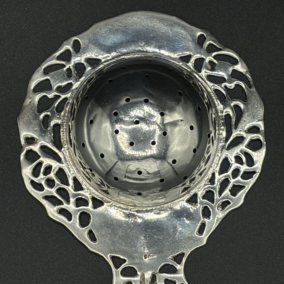 デンマークアンティーク・透かし花柄と風車のティーストレナー・純銀プレート