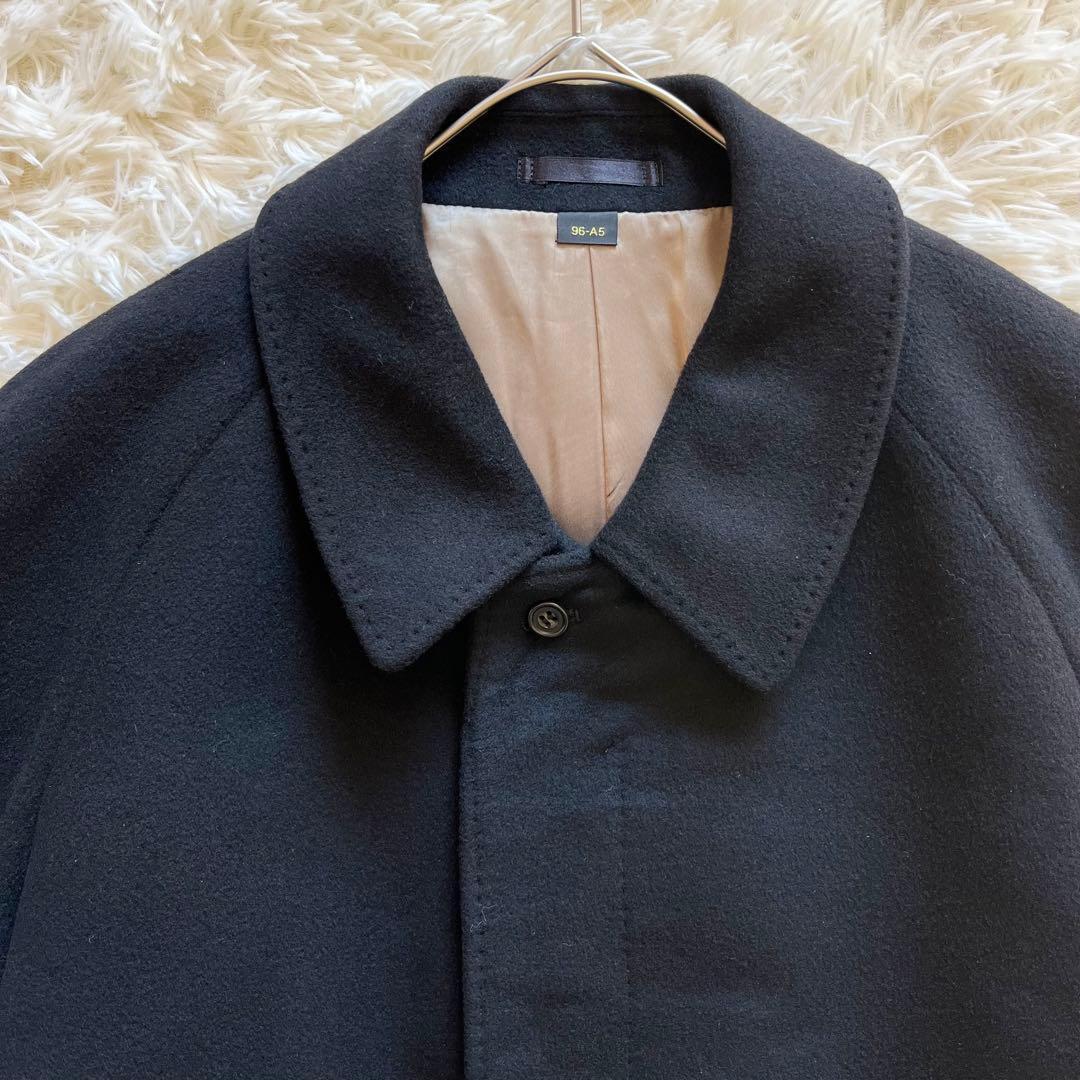 【月末限定価格】ステンカラーコート　カシミヤ100%　金裏地　比翼　ロング丈　黒