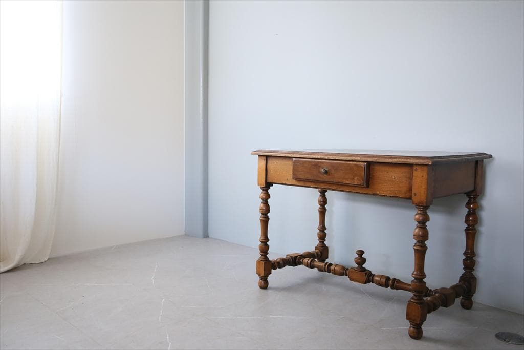 フランスアンティーク木製ダイニングテーブル/机/作業台デスク/飾り棚(90-60