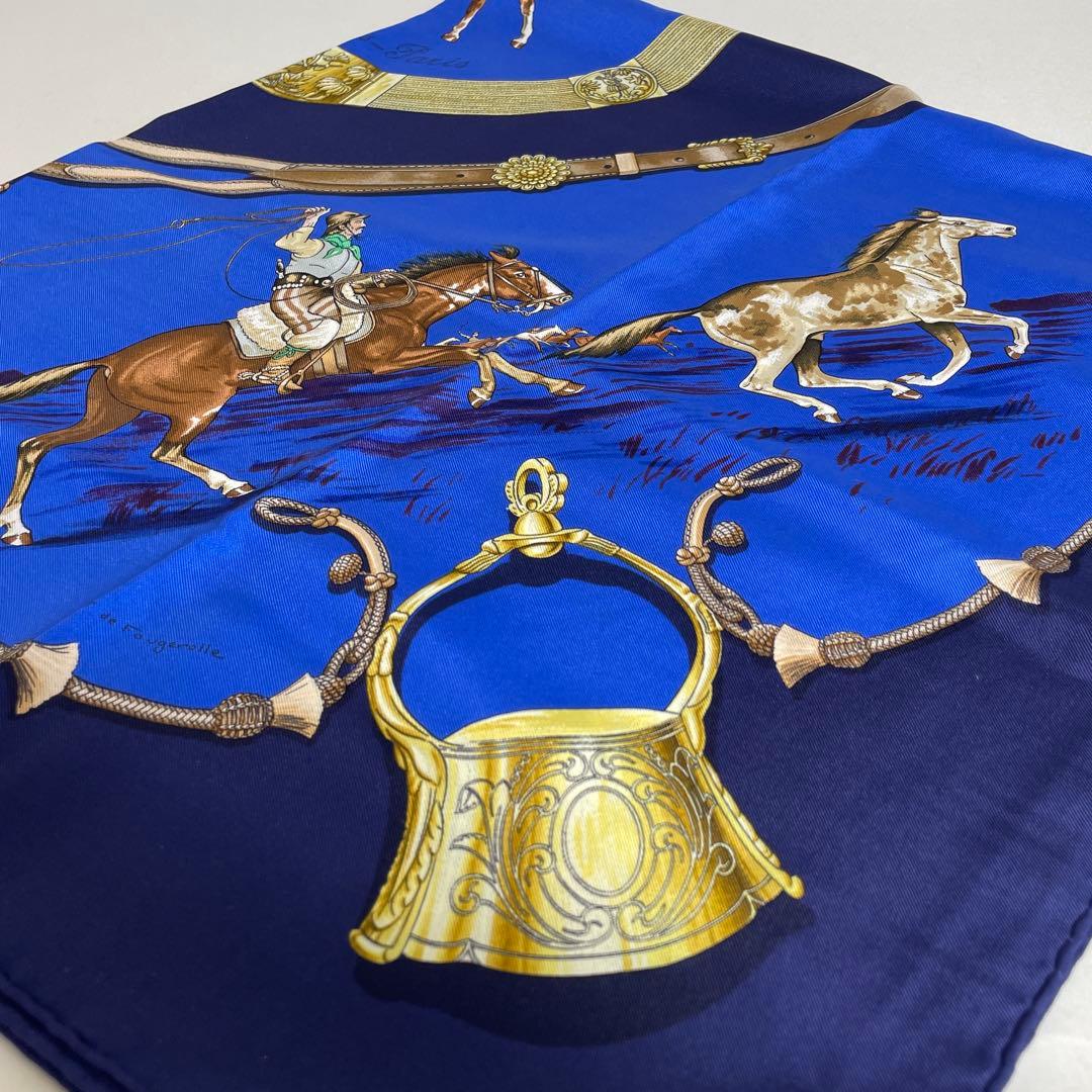 2511-335｜美品｜エルメス カレ 90 スカーフ シルク ネイビー