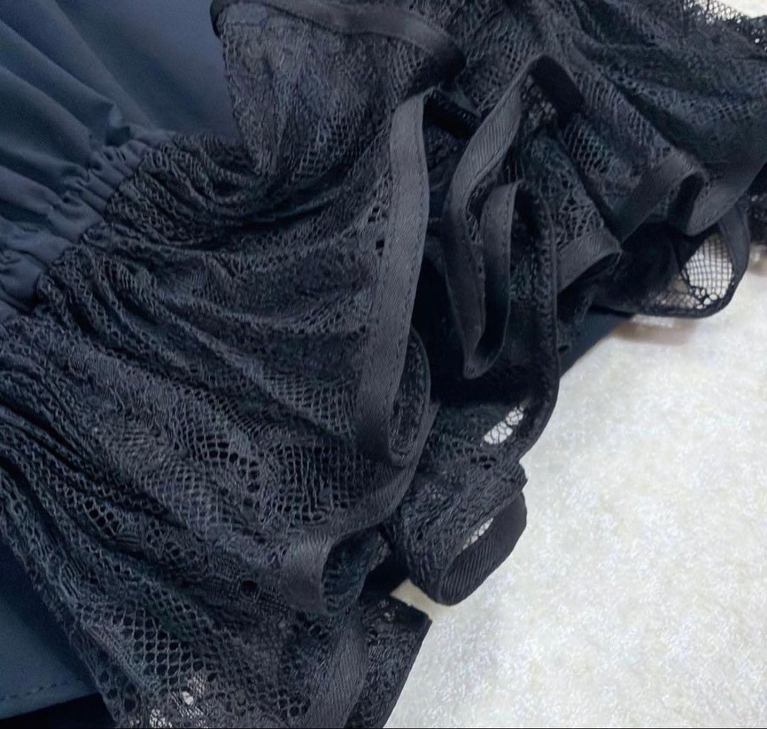 新品未着用　ユナイテッドアローズ　フリルブラウス　ネイビー×ブラック　レース