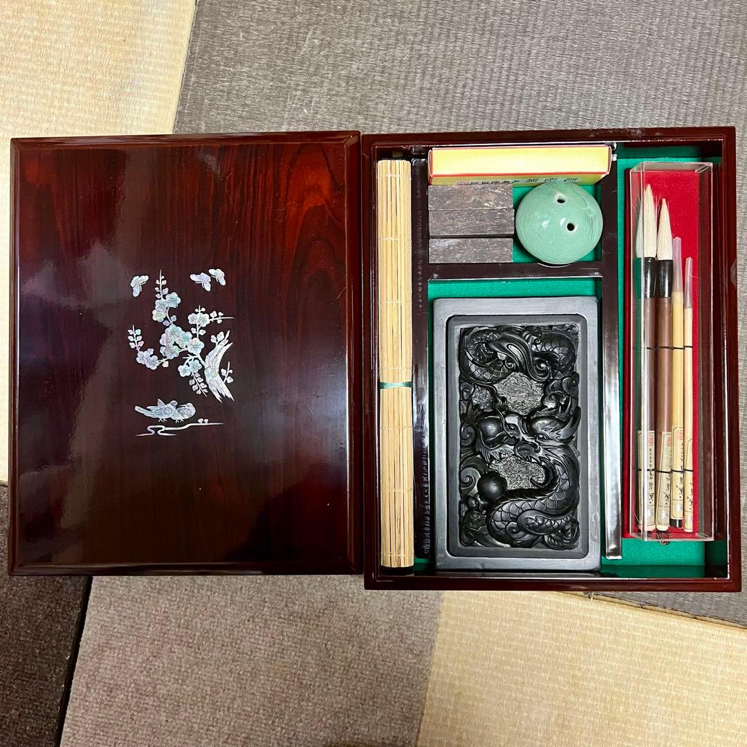 新品未使用 中国 書道具 成甫堂 青磁 上海 書道筆 中国筆 龍彫刻硯 水差し