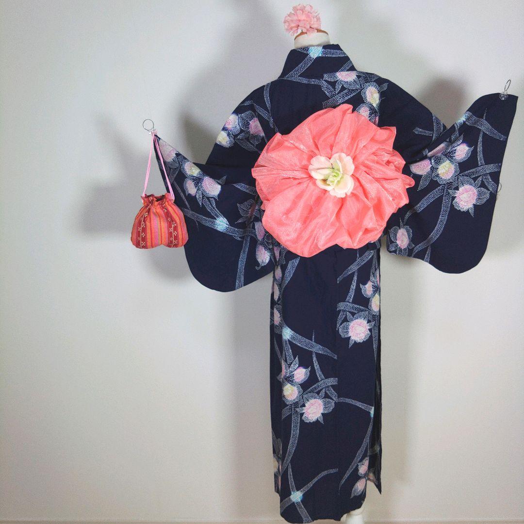 レトロ　浴衣セット　140cm　女の子　花柄　ピンク　兵児帯　新品　リボン