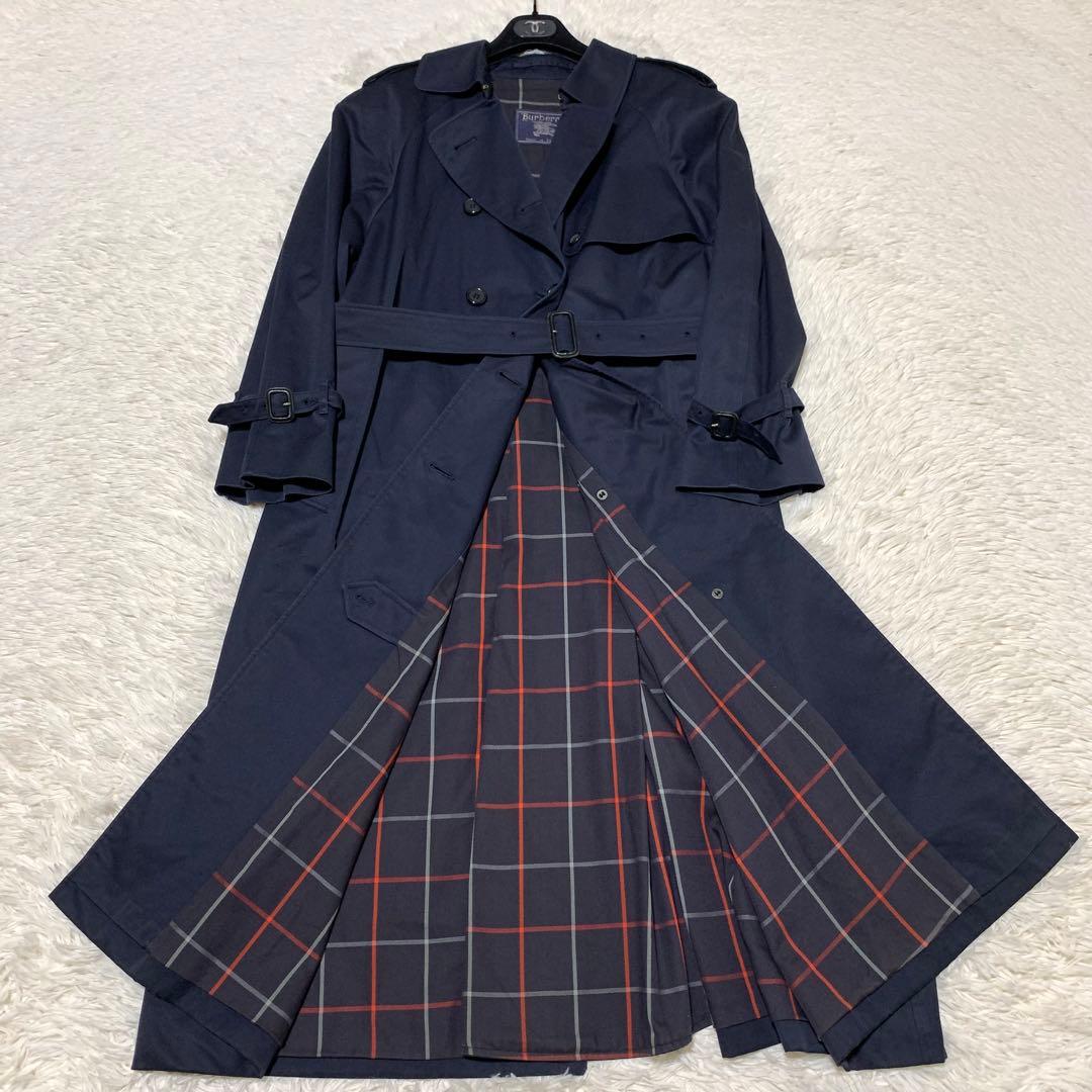 美品　バーバリーズ　トレンチコート　マキシ丈　チェック　ベルト　ネイビー