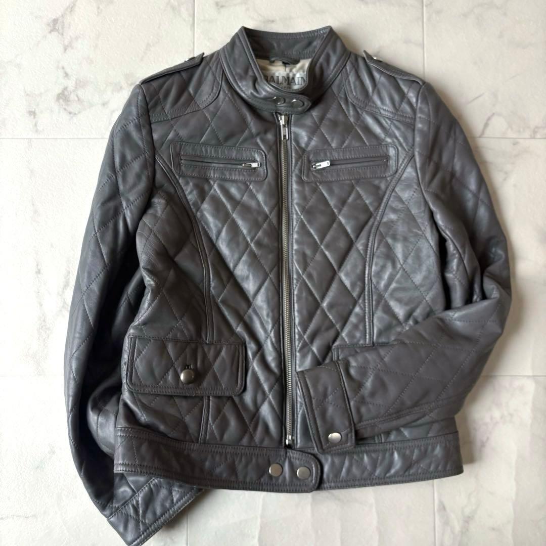 美品 BALMAIN バルマン キルティング レザージャケット 本革 グレー