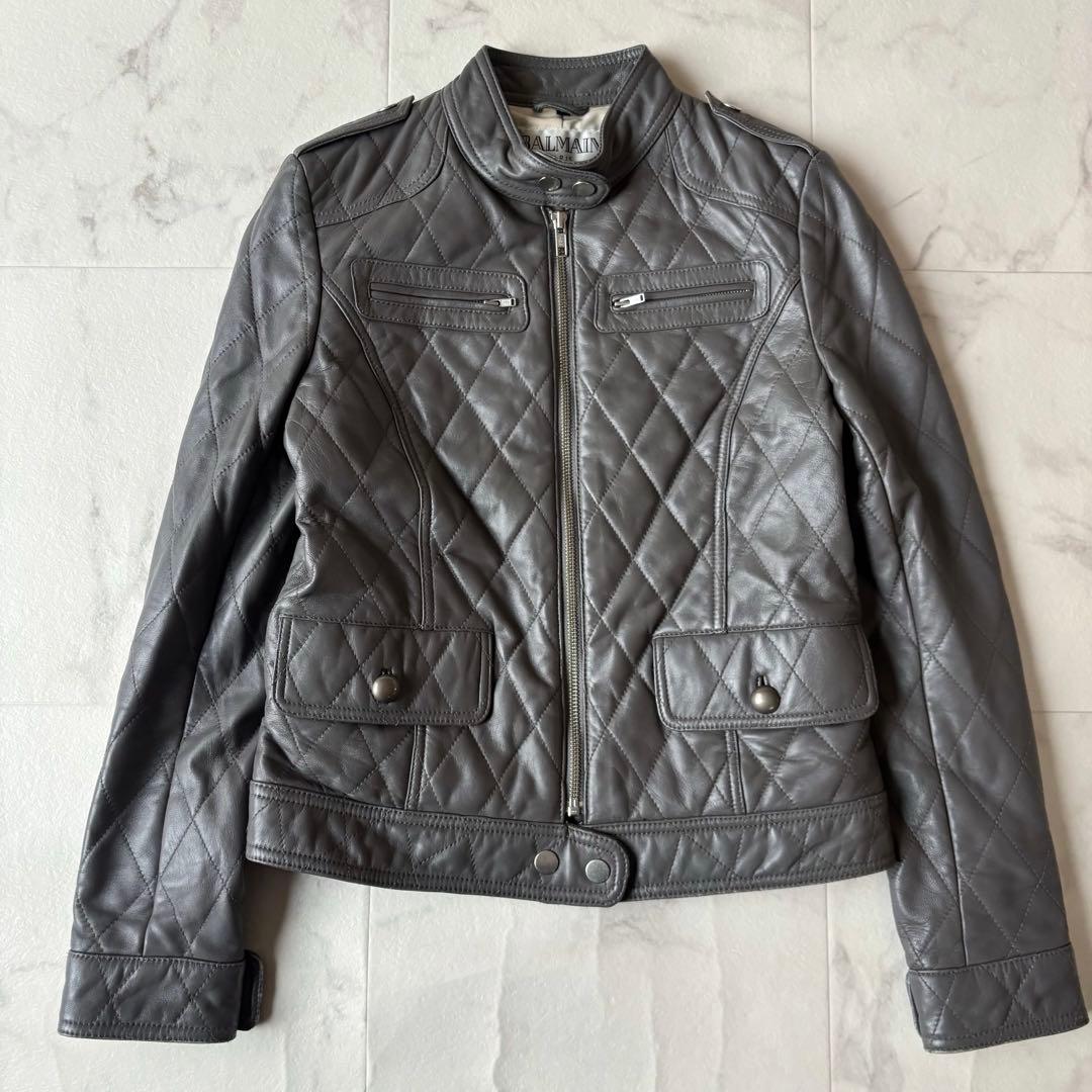 美品 BALMAIN バルマン キルティング レザージャケット 本革 グレー