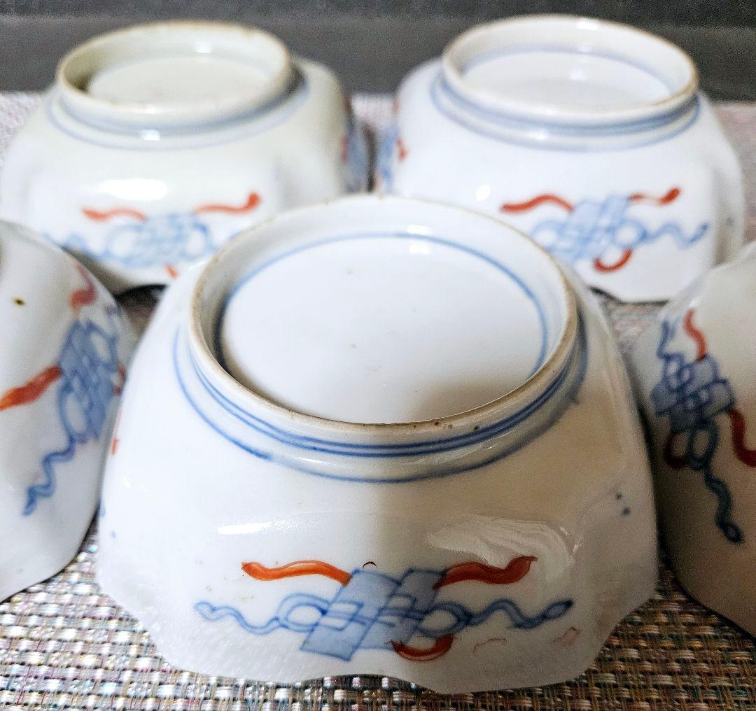 【上作古伊万里❗】江戸末期～明治初期　古伊万里錦手　紫陽花図　四方隅切角鉢　5客